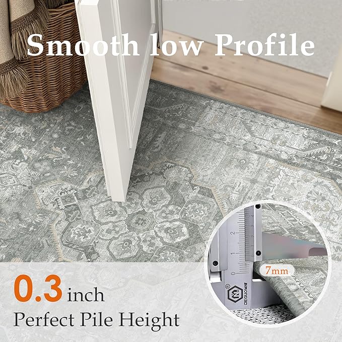 5x7 Grey Washable Vintage Area Rug for Living Room Bedroom Non Slip Distressed Traditional Soft Large Throw Rug Low Pile Lightweight Floral Carpet Office Classroom Dining Laundry Room