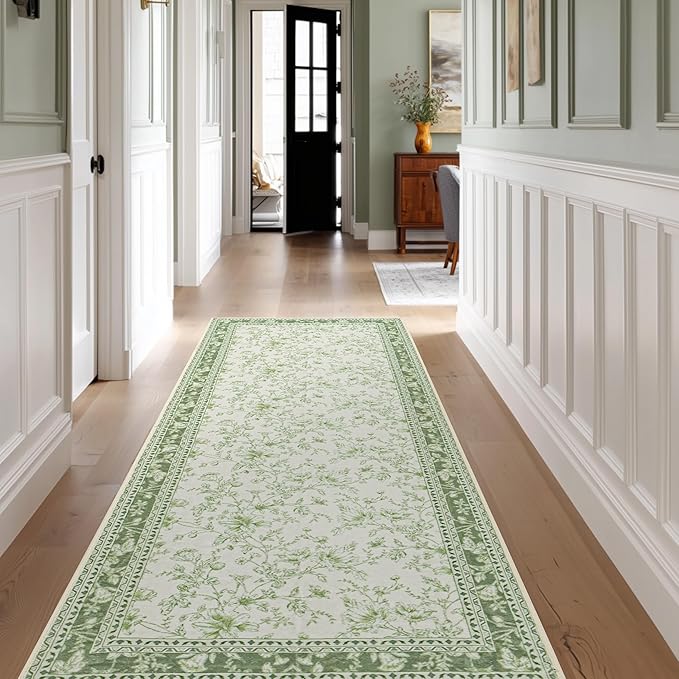 Sage Green Runner Rug 2x6 for Hallways, Non-Slip Washable Kitchen Runner Vintage Boho Farmhouse Floral Sketch Printed Rug Floor Carpet for Laundry Bedroom Entryway Green Cream Beige Flower Design