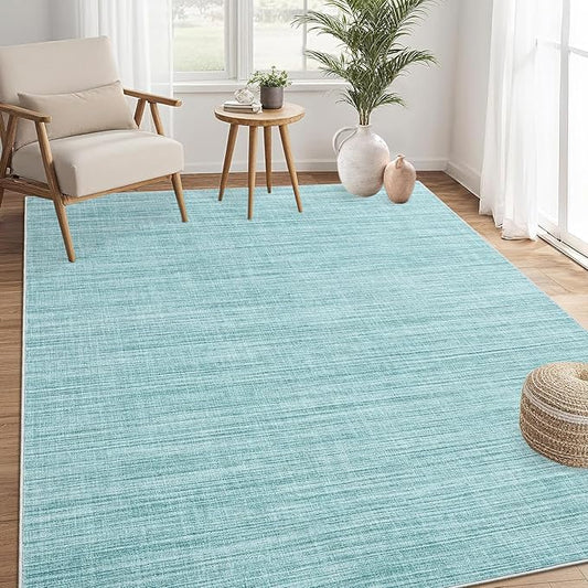 5x7 Washable Rugs Non Slip Minimalist Area Rug for Bedroom Soft Low Pile Solid Color Large Bedroom Throw Carpet Stain Resistant Classic Neutral Area Rug Plain Boho Rugs for Kitchen Nursery, Blue