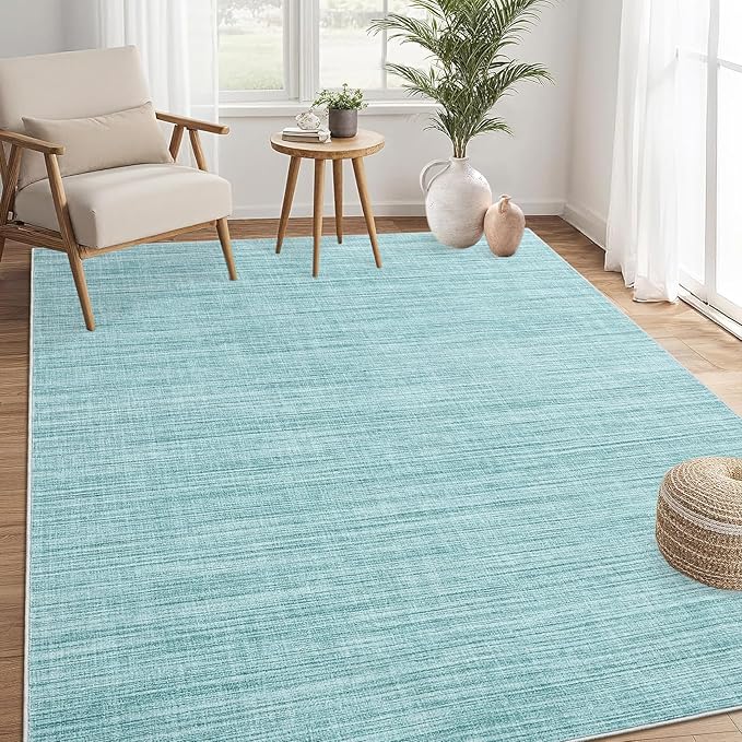 Washable Area Rug 8x10 for Living Room Bedroom Non Slip Minimalist Solid Color Area Rugs Modern Abstract Plain Dining Room Throw Carpet Low Pile Soft Classic Boho Rugs for Kitchen Nursery Oiifce, Blue