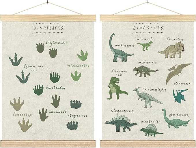 BCUANGD Dinosaur Dino Wall Decor Set of 2 - Baby Toddler Boys Room Wall Art Poster Hanger with Wood Frames, Inspirational Wall Hanging Canvas Decor for Kids Room Playroom Nursery Bedroom, 12x16 Inches