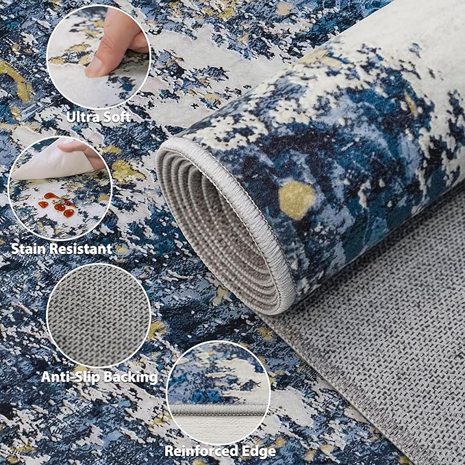 Area Rug Living Room Rugs: 5x7 Washable Rug with Anti-Slip Backing Non-Shedding Stain-Resistant Foldable Modern Abstract Carpet for Bedroom Dining Room Nursery Home Office (Blue/Multi)