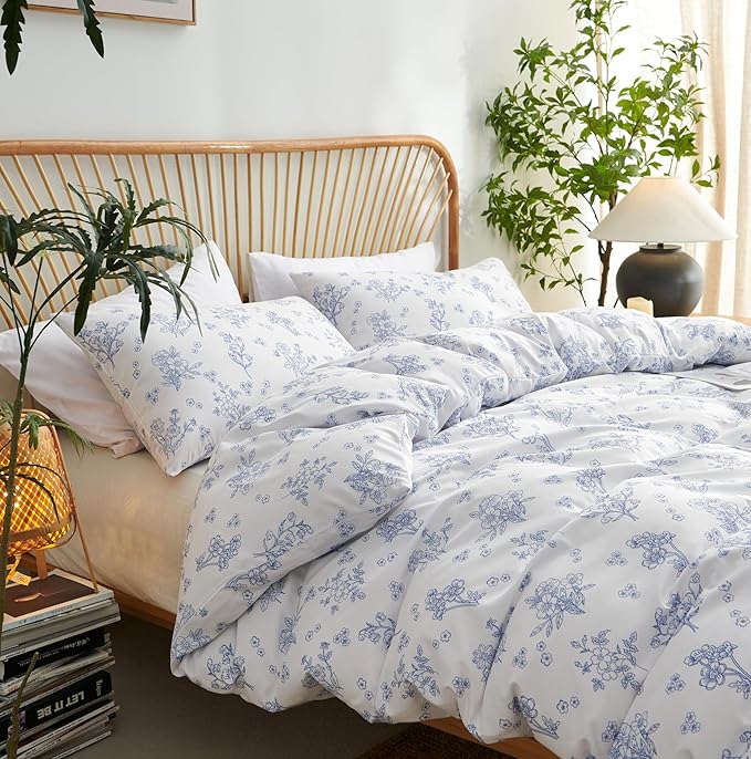 Blue Floral Duvet Cover King Size White Floral Bedding Set 3 Pieces Soft Breathable Spring Botanical Garden Aesthetic Cottagecore Reversible Comforter Cover with Zipper Closure and 2 Pillowcases