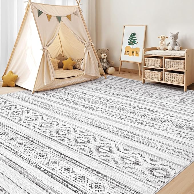 Area Rugs for Living Room Washable Living Room Rug Soft Neutral Indoor Floor Carpet Non-Slip Stain Resistant Modern Boho Rugs for Bedroom Dining Room Kids Room Nursery Office Home Cream Grey