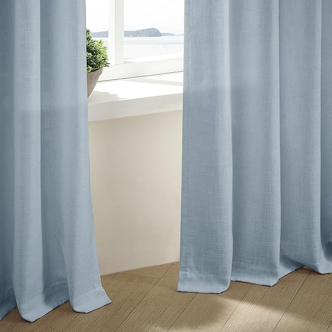Extra Long Dusty Blue Linen Curtains 120 Inches Long Sky Blue Coastal Boho Farmhouse Curtain Light Filtering Semi Sheer Back Tab Pinch Pleat Curtain for Tall Ceiling Living Room Bedroom 2 Panels