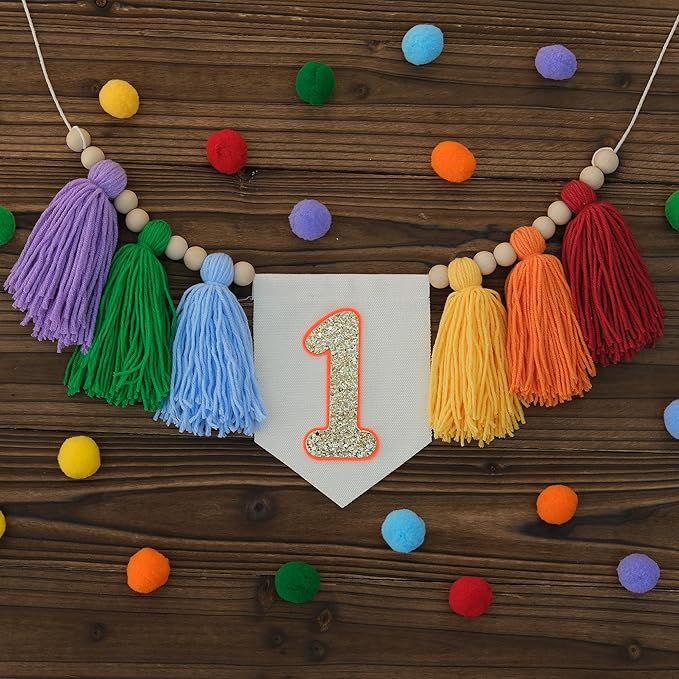 Handmade Light Rainbow 1st Birthday High Chair Banner Party Decoration for Girl Baby Colorful Wall Hangings Decoration Happy One Birthday Photoshoot Props Photo Props