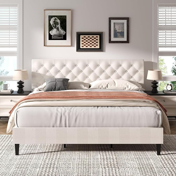 BarnFurin King Size Platform Bed Frame, Fabric Upholstered Bed with Button Tufted Headboard, Adjustable Headboard Design, Easy Assembly, No Box Spring Required, White