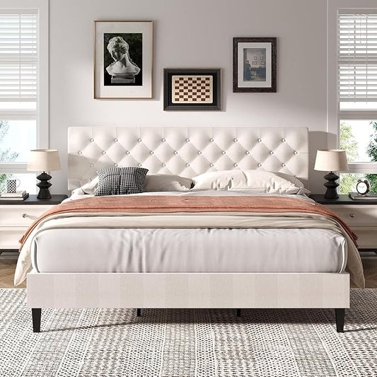 BarnFurin King Size Platform Bed Frame, Fabric Upholstered Bed with Button Tufted Headboard, Adjustable Headboard Design, Easy Assembly, No Box Spring Required, White