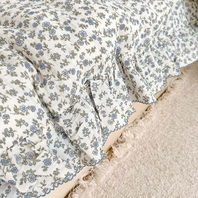 AOJIM Muslin Cotton Kids Duvet Cover 1Piece with Blue Floral, Soft Breathable Toddler Comforter Cover Twin Size 68X86'', Vintage Bed Decor Durable Ruffled Duvet Cover for Girls Boys, No Pillowcase