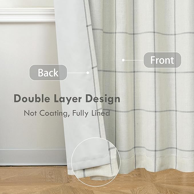 DriftAway 2 Panels 100% Blackout Windowpane Plaid Linen Curtains Double Layer Drapes for Bedroom 72 Inches Long Farmhouse Thermal Insulated 3.25 Inch Rod Pocket Back Tab for Living Room Gray