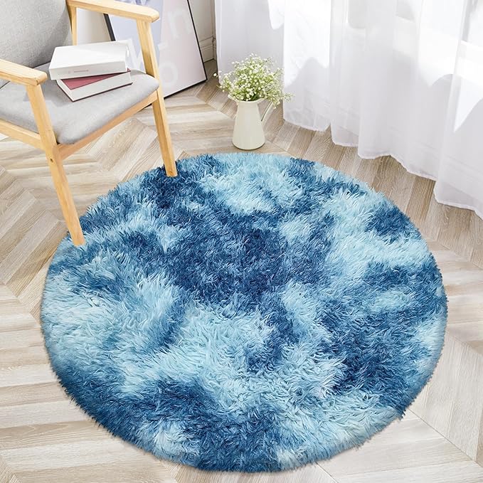 Round Rug 3 ft Blue Circle Area Rug,Tie Dyed Soft Shaggy Circle Rug Fluffy Plush Round Carpet for Kids Girls Boys Room Baby Nursery Living Room Playroom Home Decor