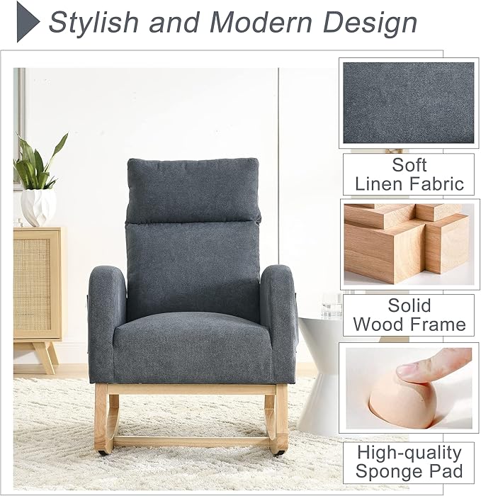 Nursery Rocking Chair with Solid Wood Legs, Glider Chair for Nursery with Two Side Pockets, Rocker Armchair for Living Room Bedroom (Dark Grey, Linen Fabric)
