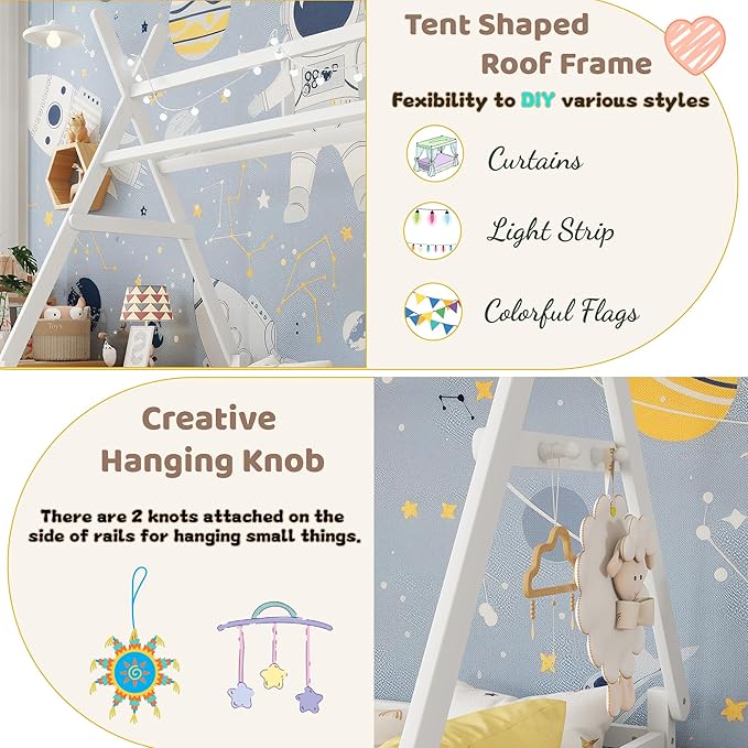 Twin House Bed with Light,Wood Twin Montessori FloorBed with Rails & Roof,Teepee Bed for Kids Boys Girls,with Slats Support,No Box Spring Needed, White