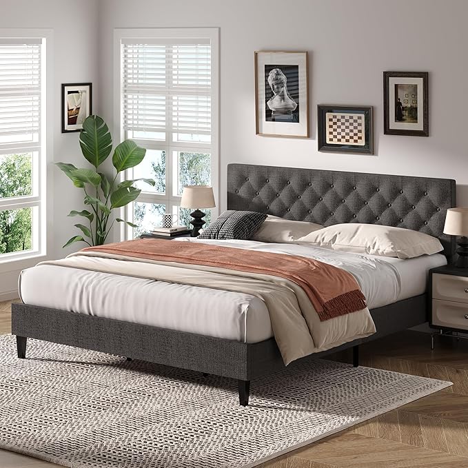 BarnFurin King Size Platform Bed Frame, Fabric Upholstered Bed with Button Tufted Headboard, Adjustable Headboard Design, Easy Assembly, No Box Spring Required, Light Grey
