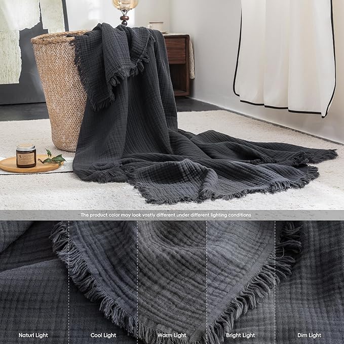 FOSSA Muslin Blanket with Fringe - 4-Layer 100% Cotton Gauze Super Soft & Breathable Throw -Lightweight Decorative Cooling Blanket for Bed, Sofa, Office -Oversize Queen Size 98" × 98" (Dark Gray)