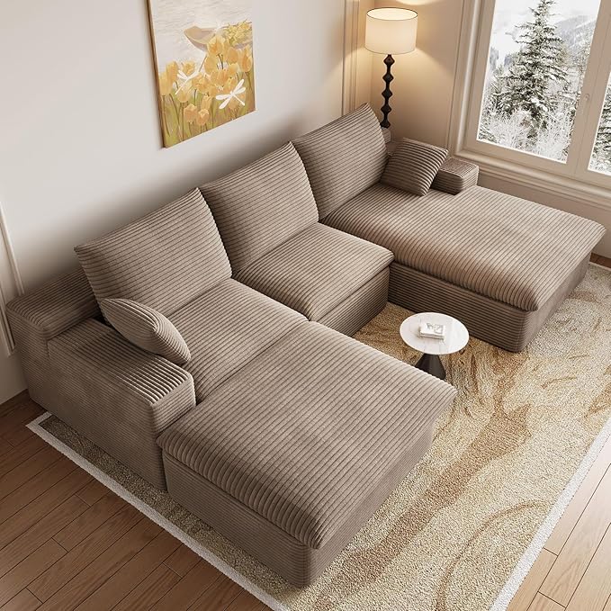 107" Cloud Modular Sectional Sofa with 1 Ottoman, Deep Seat Boneless Couch, Modern Upholstered Corduroy Couches, Comfort U Shaped Sofa for Living Room, No Assembly Required(Camel,Right Facing Chaise)