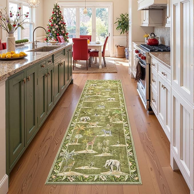 jinchan 3x10 Runner Rug Green Jungle Animals Print, Modern Hallway Washable Runner Rug Kitchen Ultra-Thin Low-Pile Non-Slip Soft Botanical Accent Christmas Carpet for Living Room (3'x10', Green)
