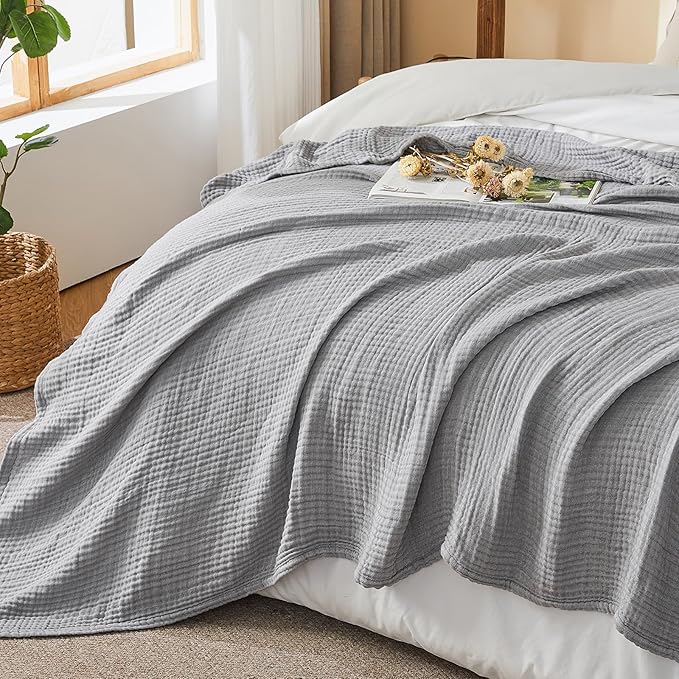 EMME Cotton Muslin King Blanket Bed Layering Bedspread Coverlet Breathable Gauze Soft Lightweight Blankets (Heather Grey, 108"x90")