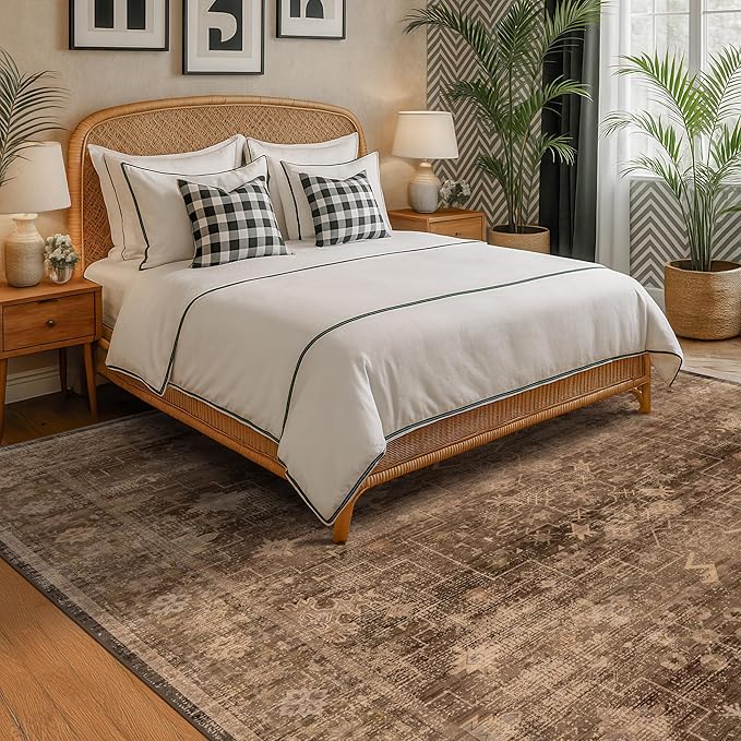 Gold Brown 8x12 Big Rugs for Living Room - Non Slip Washable Vintage Area Rug for Dining Room Under Table, Geometric Floral & Low Pile Boho Bedroom Decor