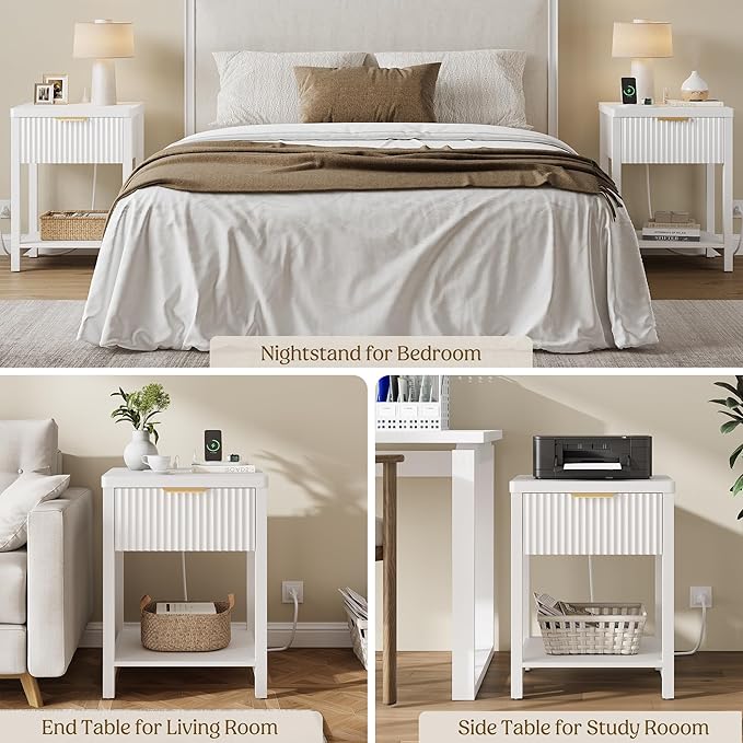 Lulive Night Stand Set 2, Fluted Nightstand with Charging Station, Wood Modern Bedside End Table with Storage Drawer for Bedroom, Save Space (Set of 2, White)