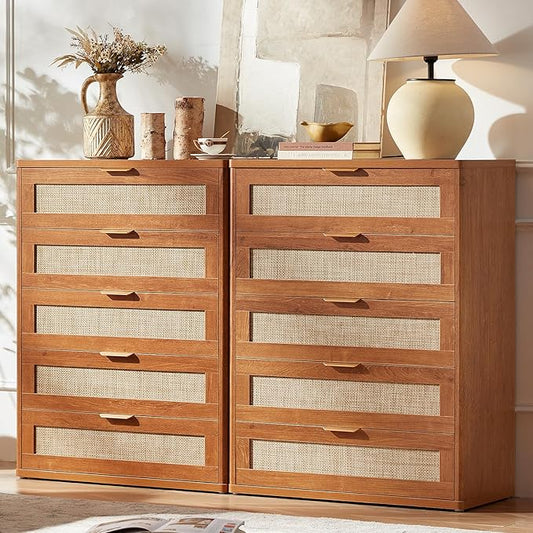 LEYAOYAO Rattan Dresser for Bedroom Set 2, 41" Tall Chest of Drawers, Modern 5 Drawers Boho Dressers with Storage, Light Oak Dresser Wooden Closet Organizer for Living Room, Hallway, Tea Brown
