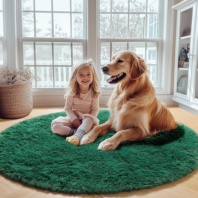 ONASAR Dark Green Round Area Rug 4x4, Soft Bedroom Circle Rugs for Kids Girls Teen Room, Cute Furry Plush Shaggy Carpet for Baby Nursery Living Room Playroom Dorm Christmas Home Decor
