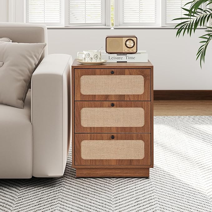 16" Nightstand with 3 Drawer, Mid-Century Wood Night Stand Storage with Linen Decor, Farmhouse Small Side Table for Sofa Couch, End Table for Bedside Bedroom, Living Room (Walnut)