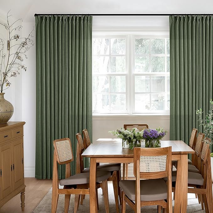108 Inch Linen Pleated Curtains 2 Panels Set for Living Room Bedroom Farmhouse Cotton Rustic Farmhouse Back Tab Memory Trained Pinch Pleat Window Curtain Olive Green 108 Inch Length for Office 9FT