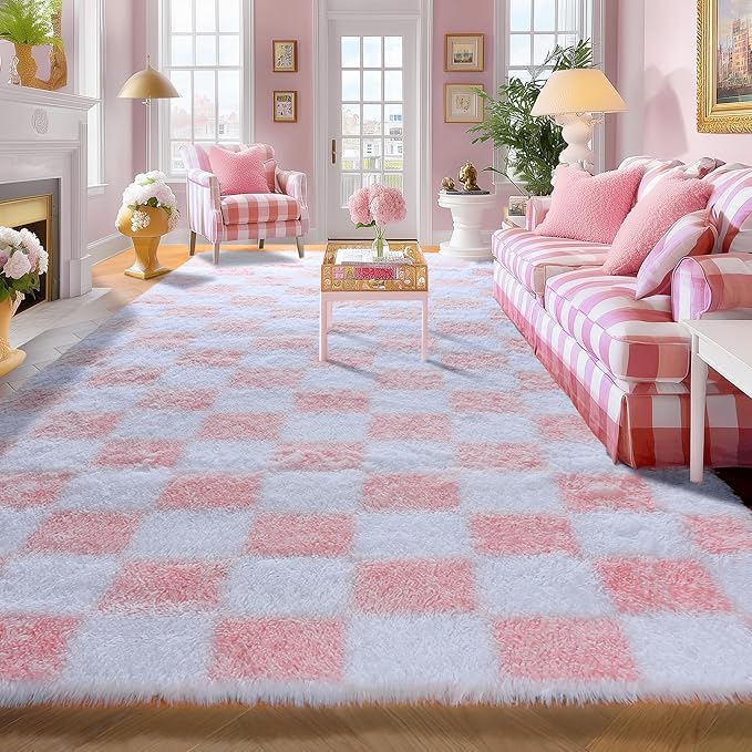 KICMOR Large 6x9 Rugs for Living Room, Soft Fluffy Light Pink and White Checkered Shag Area Rugs Big Fuzzy Shaggy Bedroom Carpet, Cute Plush Rug for Teen Toddler Kids Girls Room Nursery Home Decor
