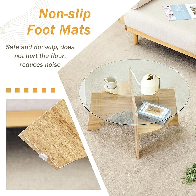 LKTART 31.5" Round Glass Coffee Table with Tempered Glass Top and MDF Base, Diagonal Fan-Shaped Tray Design Table Leg Simple & Modern Center Table for Living Room Office Apartment Wood