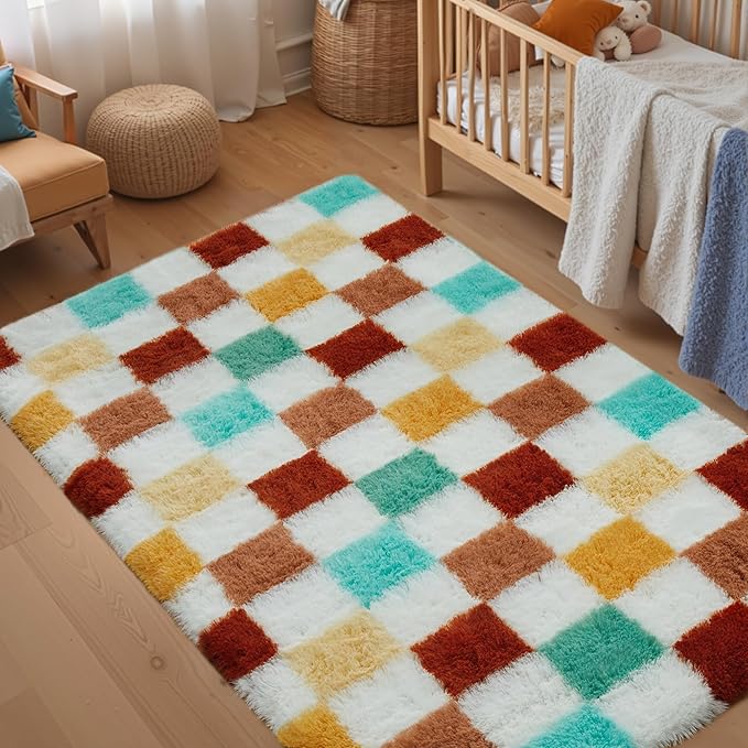 Checkered Rug 4x6 for Living Room, Colorful Modern Shag Rug Super Soft Washable Fluffy Rugs Indoor Fuzzy Carpet for Bedroom Home Dorm Aesthetic Decor