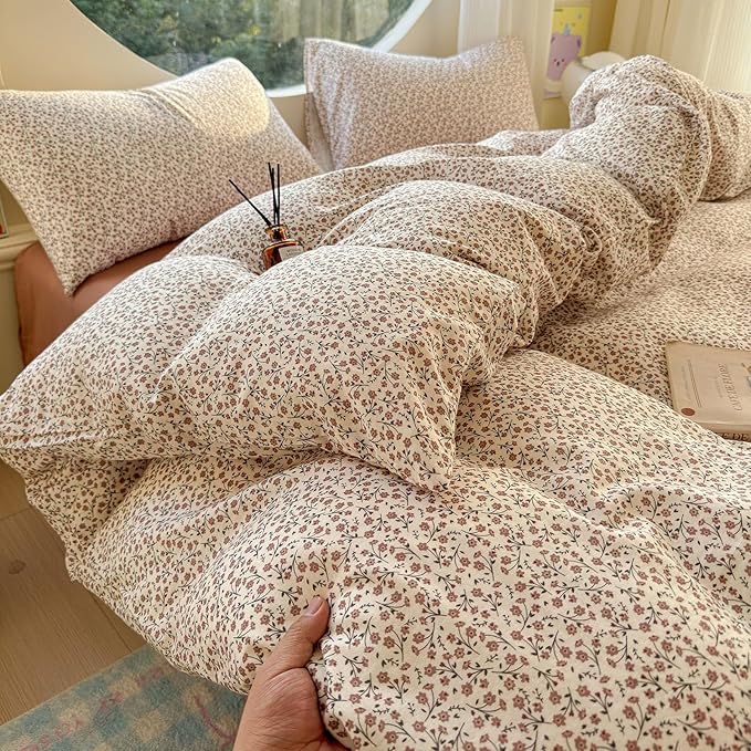 LifeTB Muslin Cotton Duvet Cover Set Twin XL Vintage Floral Duvet Cover Ultra Soft Breathable Comforter Cover Chic Flower Bedding Set Linen Feel Textured Gauze Comforter Cover with Zipper Closure