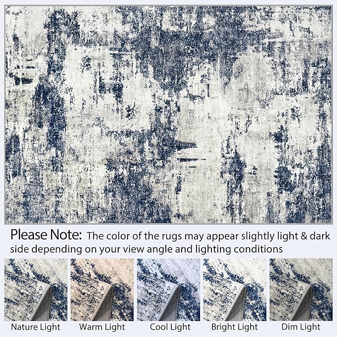 9x12 Area Rugs Living Room Rugs: Large Washable Rug with Anti-Slip Backing Non-Shedding Stain-Resistant Soft Abstract Carpet for Bedroom Dining Room Nursery Home Office - Gray/Blue