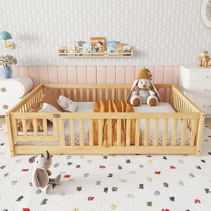 Bellemave Full Size Floor Bed with Slats and Safety Guardrail, Full Size Montessori Floor Bed with Fence and Door, Easy Assemble Montessori Beds for Kids, Girls, Boys, Natural