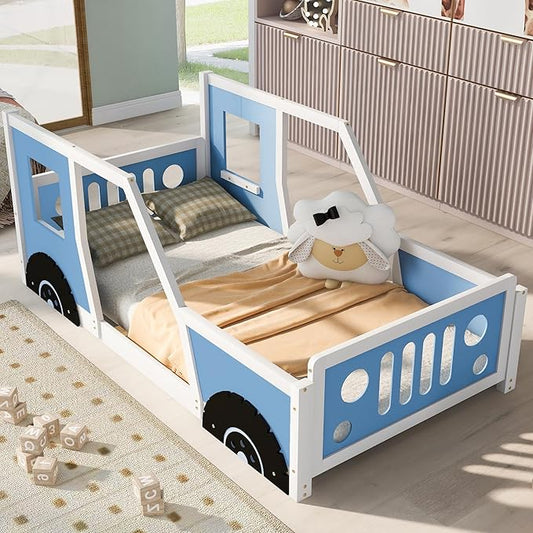 Twin Size Classic Car-Shaped Platform Bed with Wheels, 77.4" L x 41.7" W x 32" H Blue