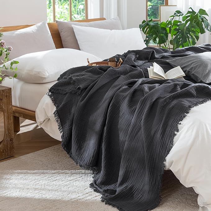 MooMee Muslin Blanket - 100% Cotton 4-Layer Gauze Throw Blanket with All-Around Fringe, Ultra-Soft Breathable Lightweight Cooling Decorative for Bed, Sofa & Couch (Dark Grey,Twin XL 66" x 90")