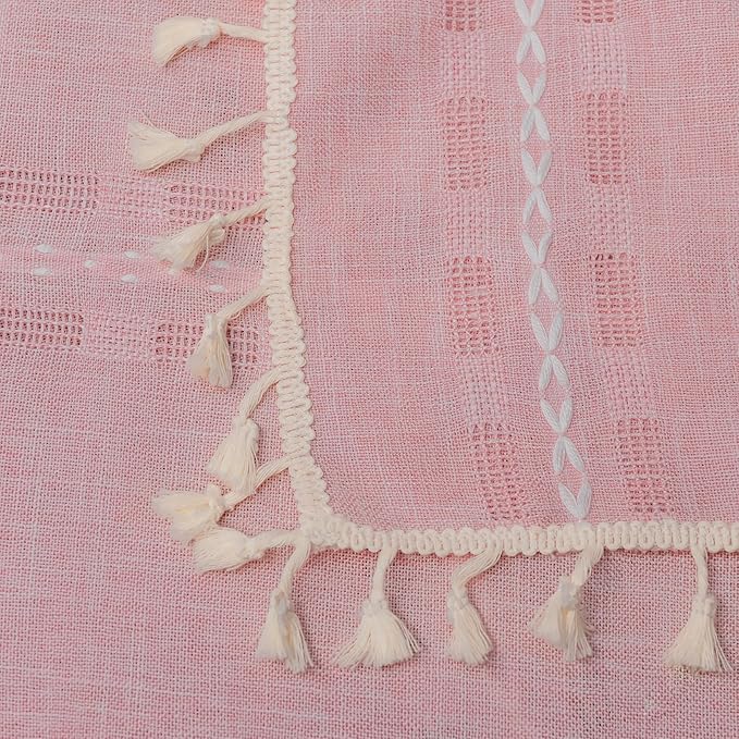 Deeprove Blush Pink Boho Curtain 96 inches Long for Living Room Bedroom, Vintage Bohemian Tassel Sheer 96 inches Puddle Length 8 FT Striped Embroidery Privacy Window Treatment W52 x L96, 1 Panel