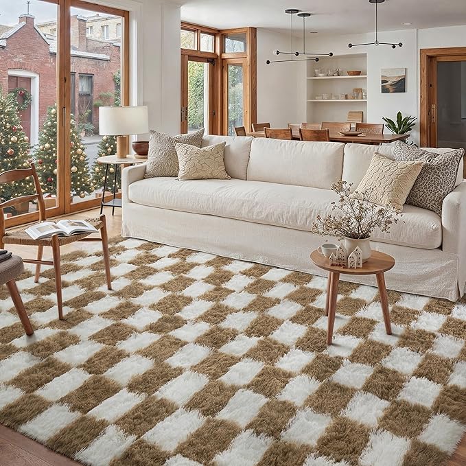 Checkered Rug 8x10 for Living Room, Beige and White Modern Shag Rug Washable Non-Slip Large Area Rug Super Soft Indoor Fuzzy Carpet Fluffy Rugs for Bedroom Home Aesthetic Decor