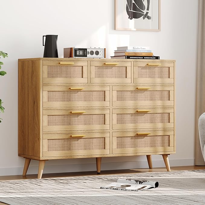 Rovaurx 9 Drawers Dresser for Bedroom, Boho Chest of Drawers with Metal Handles, Wooden Storage Organizer with Rattan Drawers for Closet, Living Room, Hallway, Natural RDG009M