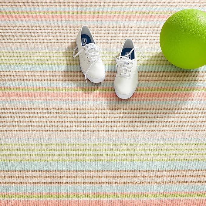 Dash & Albert Ana Ticking Aqua Machine Washable Rug, 7.5 X 9.5 Feet, Multicolored Stripe Pattern