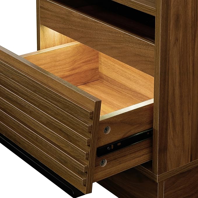 Mid Century Modern Nightstand with Charging Station and LED Lights, Bedside Table with 2 Drawers & Open Shelf, Smart End Table for Bedroom or Living Room (Brown+LED)