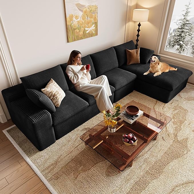 Cloud Sectional Couch,136 Inch Modular Sectional Sofa with Deep Seat, Modern Corduroy Boneless Couches with L-Shape Chaise for Living Room Bedroom, No Assembly Required (Black, Right Facing Chaise)