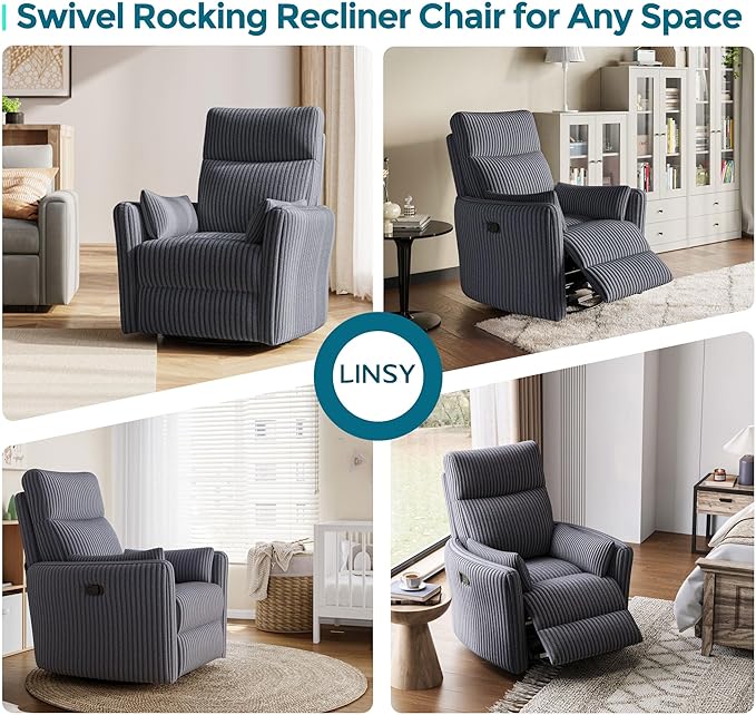 LINSY HOME 360 Swivel Nursery Rocking Chair with 2 Pillows, Corduroy High Back Adult Recliner for Small Spaces, Nursery Glider Rocker Chair, Bedroom Living Room Reclining Chairs (Grey)