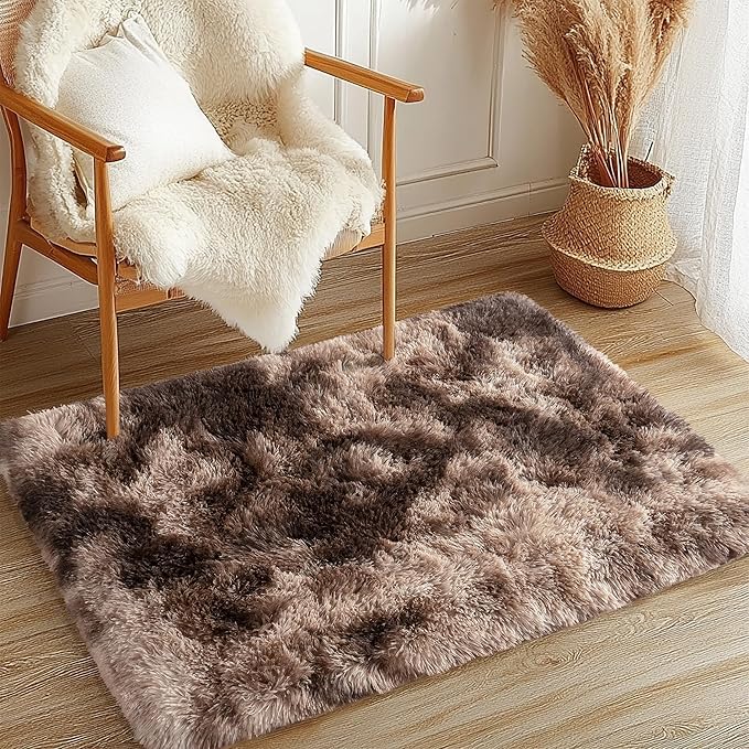 3x5 Shag Area Rug - Fluffy Fuzzy Nursery Kids Girls Room Rug - Soft Plush Furry Bedside Carpet- Tie-Dyed Brown