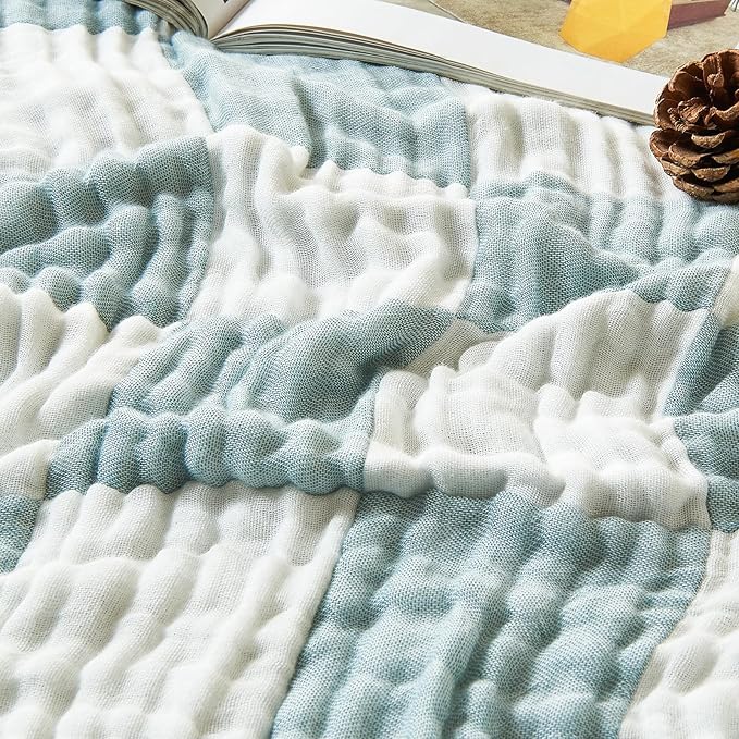 EMME Checkered Cotton Blanket Queen Size for Bed Soft Large Muslin Bamboo Bed Blankets 80"x90" Lightweight Breathable All Season Gauze, Teal