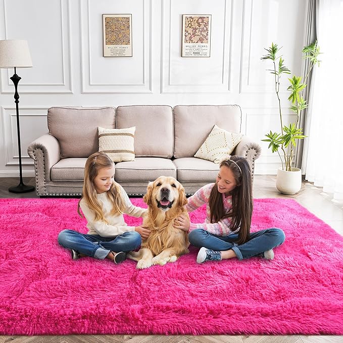 Fluffy Rug 2x3 Feet - Preppy Girls Fuzzy Rugs College Dorm - Small Cute Chair Rug Washable for Nursery- Hot Pink