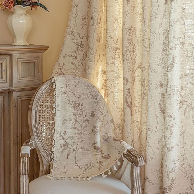 OYX Boho Curtains, Floral Curtains Beige with Garden Birds, Farmhouse Birds Drapes 96 Inches Length Semi Sheer, Rod Pocket Vintage French Country Window Curtain Set 2 Panels for Kitchen, Bedrooms