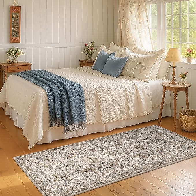Vintage Floral Bedside Rug for Bedroom, 2x6 Washable Runner Rugs for Kitchen, Entryway, Hallway, Non Slip Moss Bathroom Carpet, Traditional Home Décor with Bird Pattern (Moss)