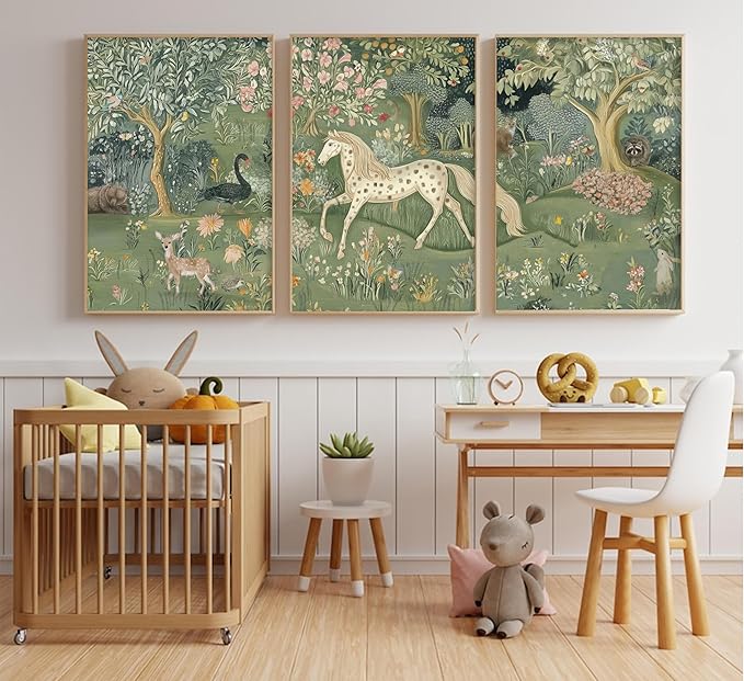 Vintage Woodland Animal Nursery Wall Art Magic Horse Bear Deer Poster Green Fantasy Forest Botanical Pictures Decor Fairy Tale Nature Painting Canvas Print Artwork for Kids Room Living Room, Unframed