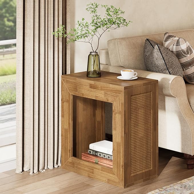 Tribesigns Rustic End Table, 2-Tier Wooden Side Table with Sturdy Base, Farmhouse Narrow Nightstand with Storage Shelf for Living Room, Bedroom, Brown (Set of 2)